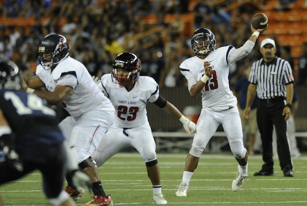 Saint Louis QB Tua Tagovailoa narrowed his college choices down to eight. Bruce Asato / Honolulu Star-Advertiser.