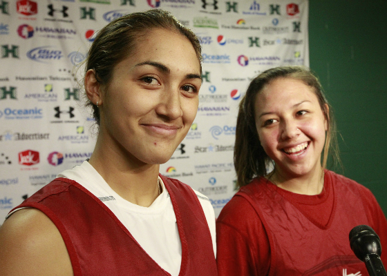 Washington State's Lia Galdeira and Dawnyelle Awa, both Konawaena graduates, were at the Stan Sheriff Center for a tournament in 2013.  (Photo by George F. Lee / glee@staradvertiser.com)