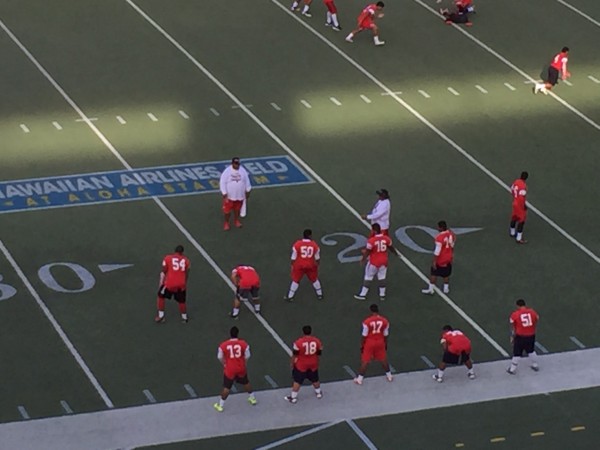 The Faga‘itua Vikings in a pre-warmup on the Aloha Stadium turf.