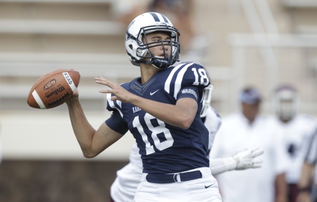 Kamehameha quarterback Thomas Yam has a broken collarbone and will miss the rest of the season.  Krystle Marcellus / Honolulu Star-Advertiser.