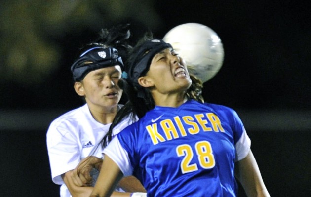 Kaiser's Kai Hasegawa, right, and Punahou's Hi‘i Thomas, not pictured, are two Hawaii high school standout soccer players who will play for Hawaii Pacific this fall. Bruce Asato / Honolulu Star-Advertiser.