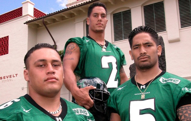 Chad Kapanui, right, who played at Roosevelt and then UH, is back in town as offensive coordinator for Liberty (Nev.) High. 