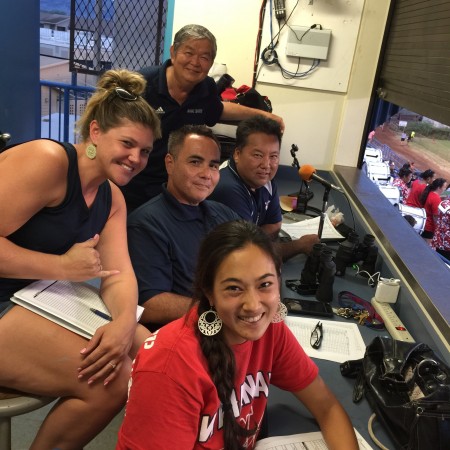 It's an all-Waianae High School faculty crew handling the PA and statistics up in the press box. Clockwise from left: Biology teacher Laura Uber, PCNC Calvin Endo, Vice-principal Ryan Oshita, Vice-Principal Michael Kurose and Biology teacher Sarah Kern. 