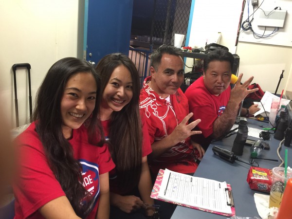 The hard-working volunteer crew at Waianae: Sarah Kern (Biology teacher/statistician), Asia Botelho (Counselor/spotter), Vice-Principal Michael Kurose (spotter), Principal Ryan Oshita (public address announcer). Missing: Calvin Endo (PCNC/audio). 