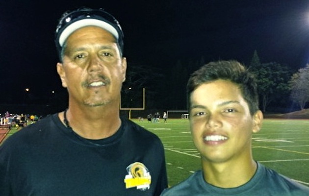 Dillon Gabriel, right, pictured with his father, former University of Hawaii star quarterback Darryl Gabriel, is moving up from the Mililani JV team to the varsity. He is expected to play at quarterback along with teammate Kaysen Higa. Nick Abramo / Honolulu Star-Advertier.