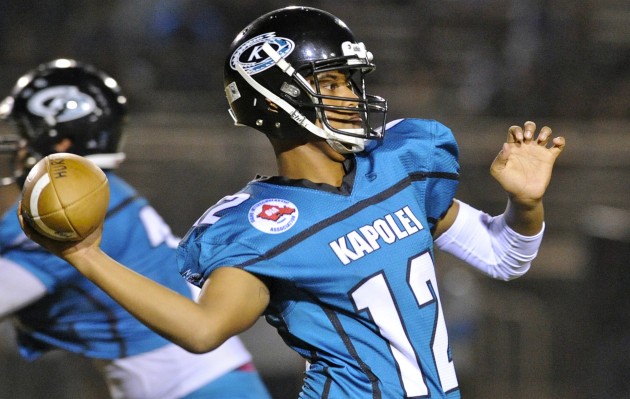 Quarterback Taulia Tagovailoa, who will be a sophomore at Kapolei this fall, received his first scholarship offer on Thursday — from Hawaii. Bruce Asato / Honolulu Star-Advertiser.