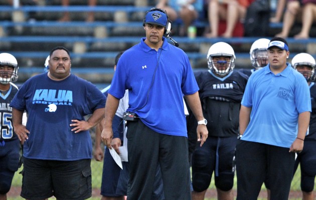 Kailua's Joe Wong went winless in his first year as head coach before coaching the Surfriders to a 7-3 season that ended with a loss to Waianae in the OIA quarterfinals. Jamm Aquno / Honolulu Star-Advertiser.