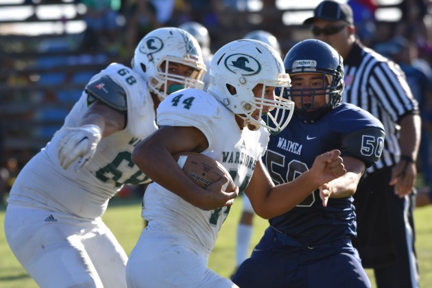 Kapaa running back Maia Kafoa found a hole during a game against Waimea last season thanks to offensive lineman Mo Unutoa to his left. Courtesy photo.