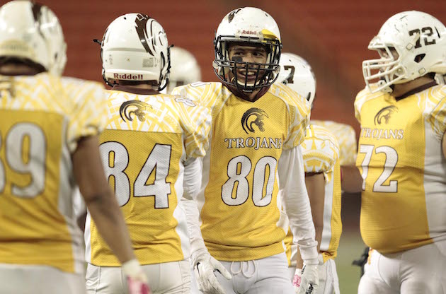 Mililani WR Roman Tovi and the Trojans get ready for Waianae. Photo by Jamm Aquino/Star-Advertiser.