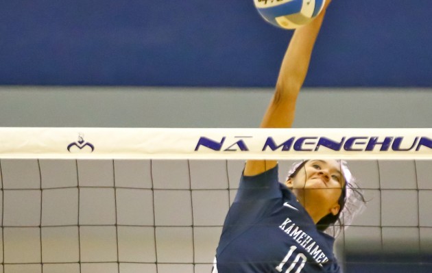 Kamehameha middle Shiloh Peleras  put down 11 kills and was in on four blocks in the Warriors' 3-0 sweep of King Kekaulike in the Division I state quarterfinals. Darryl Oumi / Special to the Honolulu Star-Advertiser.