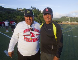 20151118-3208 SPT ST LOUIS FBPHOTO BY DENNIS ODAThe Saint Louis football team is prepping for the state title game at their home field on campus.   This is Ron Lee (left, offensive coach) and his brother Cal Lee (defensive coach and head coach).  PHOTO