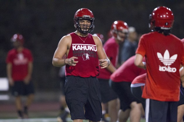 Kahuku's Kesi Ah-Hoy was ready to go at practice on Wednesday. Photo by Cindy Ellen Russell/Star-Advertiser.