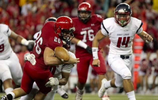 Kahuku's Kesi Ah-Hoy fumbled the ball at the goal line but the Red Raiders still scored as everything went right for Kahuku in the 2015 state title game. Jamm Aquino / Star-Advertiser