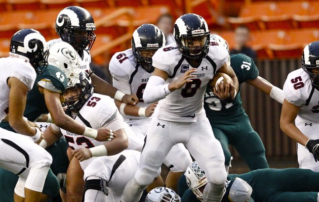 Radford will play in OIA Division I football this year after winning the D-II league and state titles in 2015. Ace Faumui is pictured running against Kapaa in the D-II state championship game Nov. 20. Jamm Aquno / Honolulu Star-Advertiser.