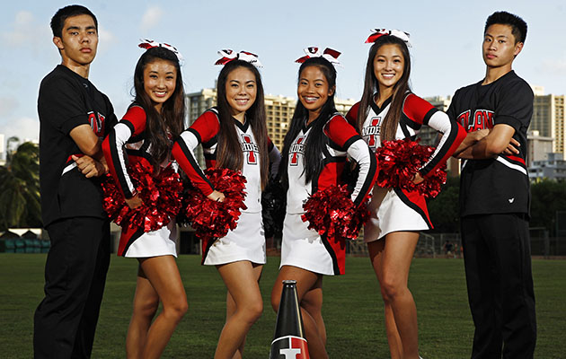 The Interscholastic League of Honolulu champion ‘Iolani cheerleaders are captain Jonah Ah Mook Sang, Keri Miyasato, Kassie Nakaya, Cassidy Hernandez Tamayo, Nikye Makishima, and Anthony Nguyen. Jamm Aquino / Honolulu Star-Advertiser.