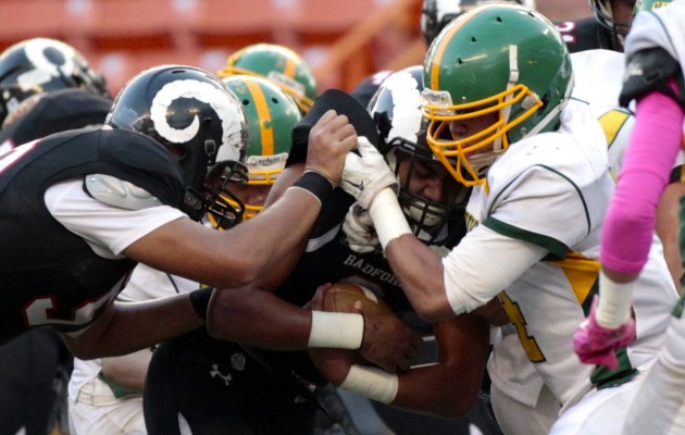 Now that the Interscholastic League of Honolulu football schedule is out, Hawaii Prep World has put together a full Oahu (Oahu Interscholastic Association and ILH) varsity schedule. In photo, Kaimuki and Radford went at it in the OIA Division II  championship game last season. Jamm Aquino / Honolulu Star-Advertiser.