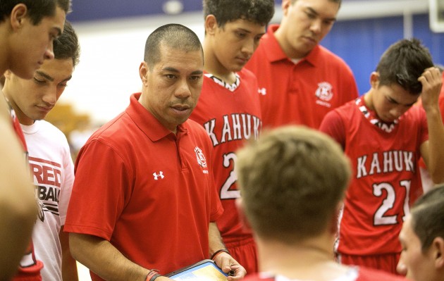 Kahuku boys basketball coach Alan Akina coached in a game in January of 2015. Photo by Kat Wade/Special to the Star-Advertiser.