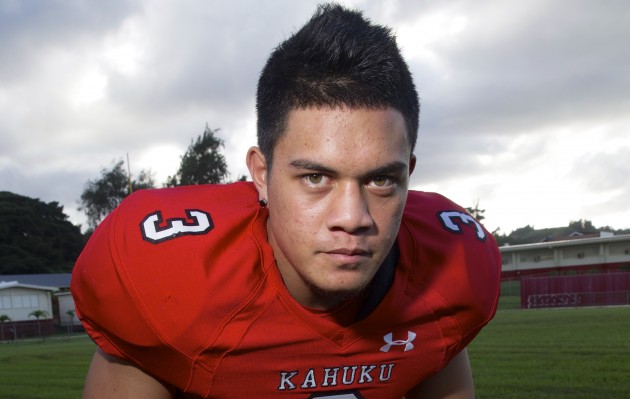 Kahuku safety Keala Santiago says he will stay home to play college football at UH. Photo by Krystle Marcellus / Honolulu Star-Advertiser