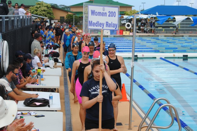 Swimmers in the 200 medley relay final got ready to go. Photo by Jerry Campany/Star-Advertiser.