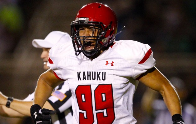 Kahuku's Bradlee Anae is on the two-deep list as a defensive end at Utah. Jamm Aquino / Honolulu Star-Advertiser.