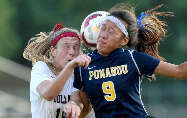 'Iolani's Rachel Bowler, left, battled for a header in a match against Punahou earlier this month. Bowler is the ILH defensive player of the year. Photo by Jay Metzger/Special to the Star-Advertiser.