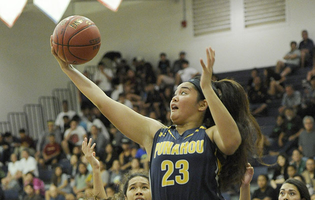Punahou's Tyra Moe soared this year and was rewarded as the ILH Division I girls basketball player of the year. Photo by Bruce Asato/Star-Advertiser.