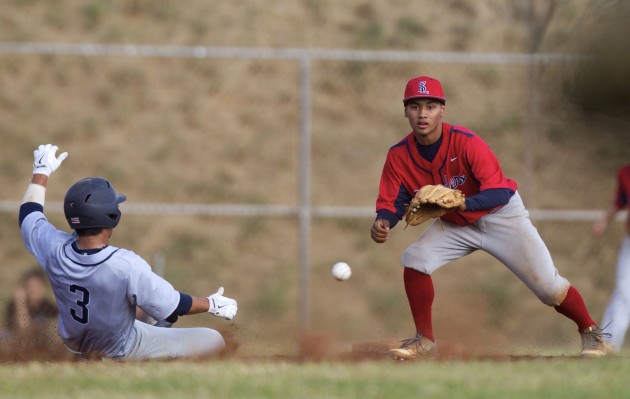 Saint Louis shortstop Keith Torres waited to field the ball at second base in a game against Kamehameha. Photo by Cindy Ellen Russell/Star-Advertiser.