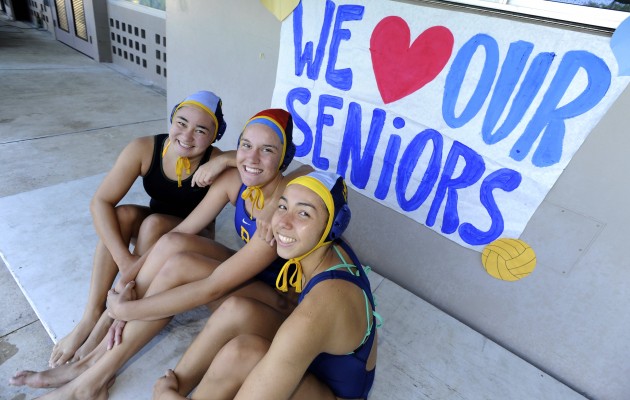 Saki Migliorato, Emalia Eichelberger and Natassia Dunn are the senior leaders for the Punahou water polo team. The three have not lost a match while playing six seasons (intermediate and high school) at the school. They will try to help coach Ken Smith and the rest of the squad earn a ninth straight and 11th overall state title in May. Bruce Asato / Honolulu Star-Advertiser.