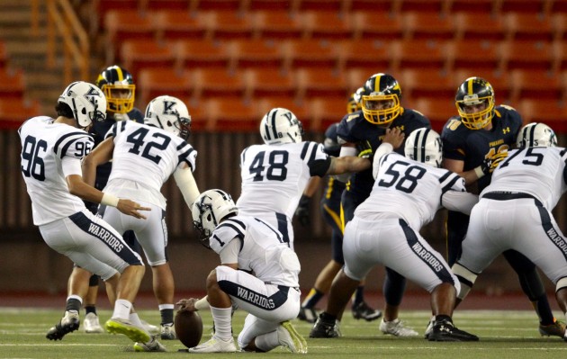 Kamehameha's Adam Stack made three first-half field goals in a game against Punahou last year. Photo by Jamm Aquino/Star-Advertiser.