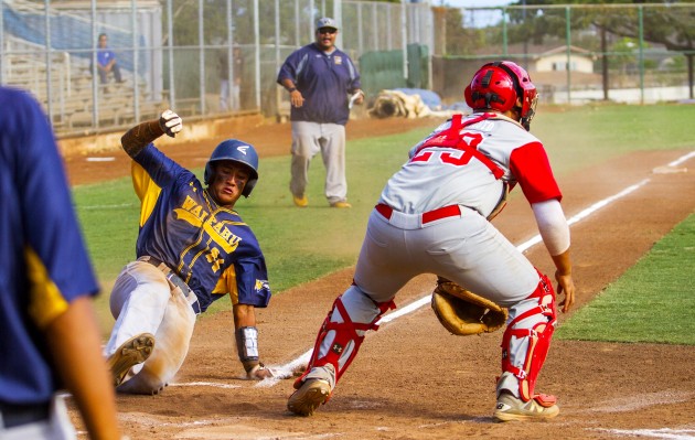 Waipahu's Kobe Russell slides home in the third inning to give his team a 2-0 lead over Kalani in the OIA Division I baseball playoffs at Hans L'Orange Park. Dennis Oda/Star-Advertiser (Apr. 23, 2016)