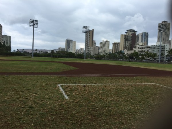 The infield at Ala Wai Field is dry as can be expected on a rainy day.