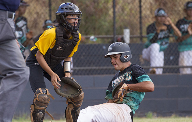 Cheyenne Lute is the starting catcher who bats in the second spot in the order for the Nanakuli baseball team. She is also batting .429. Cindy Ellen Russell / Honolulu Star-Advertiser.