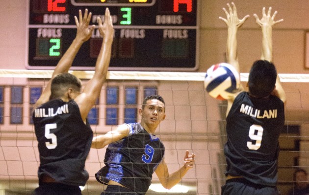Moanalua's Austin Matautia watched the ball go through for one of his 32 kills in Thursday night's four-set victory over Mililani for the Oahu Interscholastic Association boys volleyball championship. Cindy Ellen Russell / Honolulu Star-Advertiser.