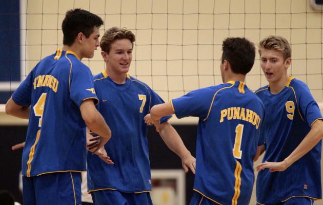 Punahou received the No. 1 seed for this week's Division I state tournament. In photo, Ethan Siegfried (7) celebrated a kill with Wil Stanley (4), DJ McInerny (1), and Ryan Wilcox (9)  during a regular-season win. Jamm Aquino / Honolulu Star-Advertiser.