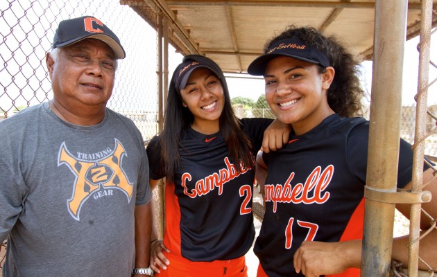 Campbell Jocelyn Alo, right, is the Gatorade Hawaii Softball Player of the Year. She was also recently named the Honolulu Star-Advertiser's position player of the year. She is pictured with the Star-Advertiser's coach of the year Michael Hermosura and the newspaper's pitcher of the year Dani Cervantes. Dennis Oda / Honolulu Star-Advertiser.