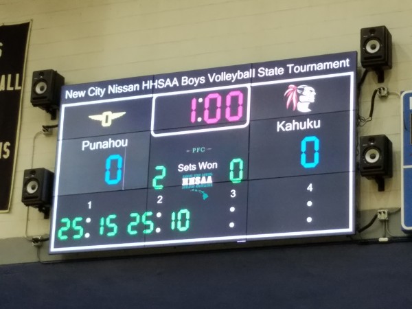 Moanalua has been using a big and bright scoreboard for volleyball matches since the beginning of the school year. Nick Abramo / Honolulu Star-Advertiser.