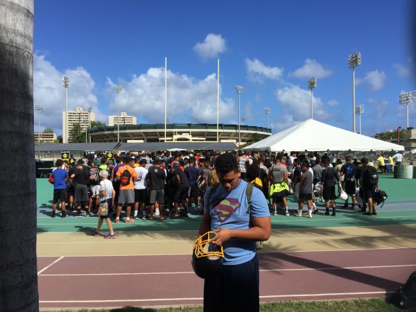 Punahou sophomore Alama Uluave at the Friday check-in. 
