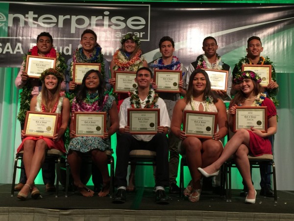 The 2016 class of the Enterprise Hawaii Hall of Honor: (front from left) Emma Taylor, Hawaii Prep; Chanelle Molina, Konawaena; Austin Matautia, Moanalua; Lalelei Mata‘afa, Lahainaluna; Teshya Alo, Kamehameha; (back) Vavae Malepeai, Mililani, 'Aukai Lileikis, Punahou; Emalia Eichelberger, Punahou; Kaeo Kruse, Kamehameha; La‘akea Kahoohanohano-Davis, Baldwin; Shandon Hopeau, Kapolei. Not pictured: Mariel Galdiano, Punahou. 