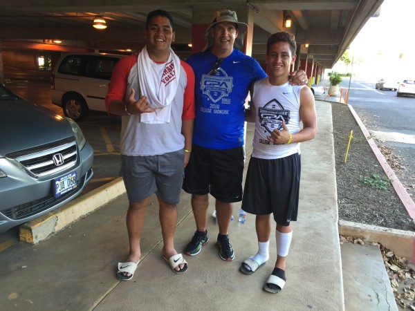 Former St. Louis Rams and UH player Leo Goeas with brothers Chris Afe (6-2, 240, QB/TE/DE, c/o 2019) and Mosi Afe (5-10, 180, SB/WR, c/o 2017) of Farrington. 
