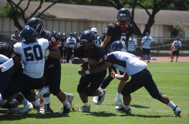 Senior KJ Pascua ran for three first-half touchdowns in 'Iolani's 35-3 win over Waimea. Photo by Jerry Campany/Star-Advertiser.