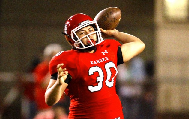 Kahuku is No. 17 in the USA Today Super 25. In photo Red Raiders backup quarterback Cameron Renaud fired off a pass against Aiea on Aug. 19. Renaud suffered a concussion in that game, missed the following game against Waianae and saw spot duty in Kahuku's 44-0 victory over Campbell on Friday. Jamm Aquino / Honolulu Star-Advertiser.