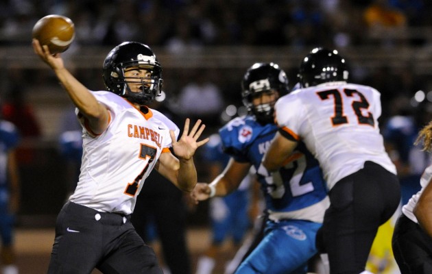 Campbell quarterback Kawika Ulufale threw a pass in the first quarter against Kapolei on Friday. The Sabers are happy to have their home field back this season.  Bruce Asato / Honolulu Star-Advertiser.