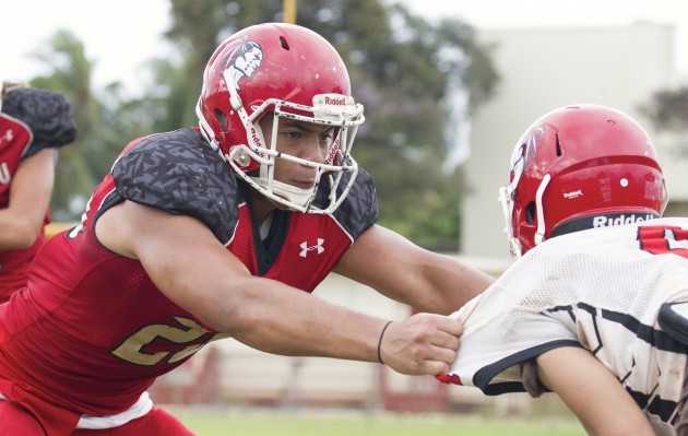 Kesi Ah-Hoy is a free safety this season for Kahuku, which plays Farrington in a scrimmage at home Friday night. The Red Raiders open their season next Friday at Leilehua. Cindy Ellen Russell / Honolulu Star-Advertiser.