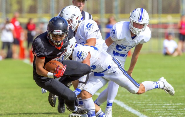 ‘Iolani just moved up to Division I in 2015. It's not the Raiders' fault that three other Interscholastic League of Honolulu schools are now classified in the Open division of the state tournament and three others are classified in D-II. The Raiders appear to have found where they belong, but they are being criticized for getting a free ride to the D-I state tournament. The Raiders (in photo) defeated La Jolla Country Day School of San Diego, 27-19, last Saturday. Dennis Oda / Honolulu Star-Advertiser.