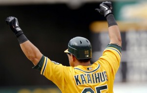 Ka‘aihue drove in the winning run against the Chicago White Sox in the 14th inning of a 2012 game in which Oakland won 5-4. Associated Press photo.