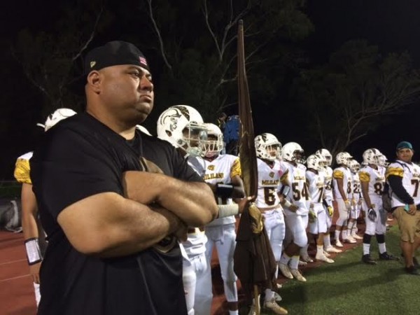 Coach Rod York and the Mililani Trojans during pregame at Leilehua's Hugh Yoshida Stadium. Friday, Sept. 30, 2016. Bruce Asato/Star-Advertiser