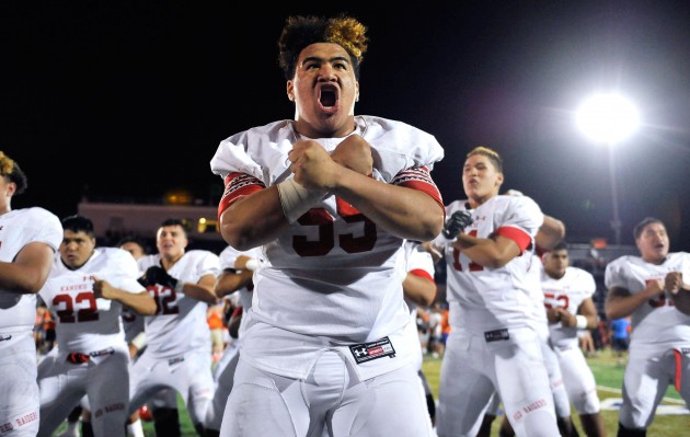 Kahuku's Vili Fisiiahi led the haka after the Red Raiders lost to Bishop Gorman on Saturday in Las Vegas. Photo by David Becker/Special to the Star-Advertiser.