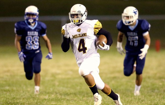 Mililani's Andrew Valladares ran back a kickoff in a loss to Kailua. Jay Metzger / Special to the Star-Advertiser.