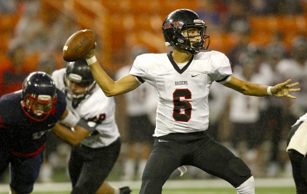 2016 September 2 SPT - HSA Photo by Jamm Aquino. Iolani's Tai-John Mizutani (6) throws the football during the first half of an ILH football game between the St. Louis Crusaders and the Iolani Raiders on Friday, September 2, 2016 at Aloha Stadium in Halawa.