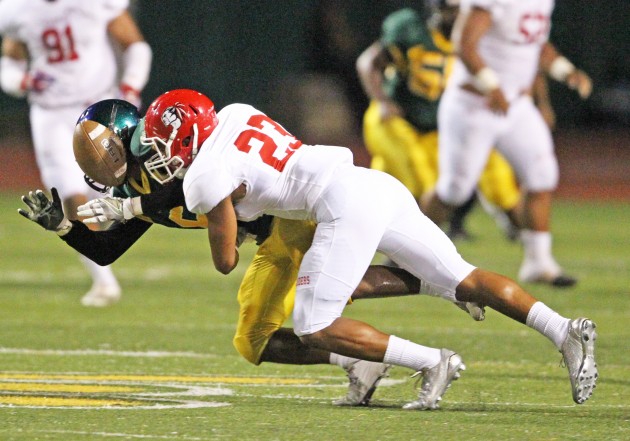 Kahuku safety Codie Sauvao forced a fumble in a game against Leilehua this season. Photo by Jamm Aquino/Star-Advertiser.